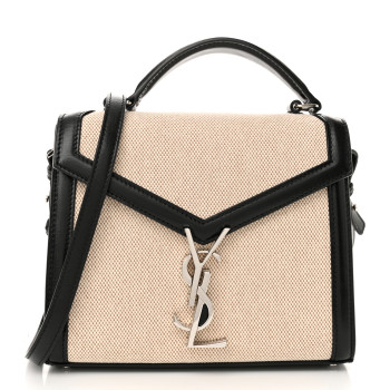 SAINT LAURENT Canvas Calfskin Mini Classic Monogram Cassandra Top Handle Natural Beige Black