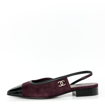 CHANEL Suede Patent Crystal CC Cap Toe Slingback Flats 37.5 Burgundy Black