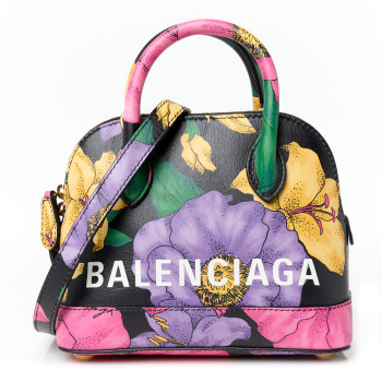BALENCIAGA Smooth Calfskin Lush Floral Print XXS Ville Top Handle Bag Black Multicolor
