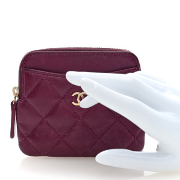 CHANEL Lambskin Quilted Zip Card Holder Wallet Burgundy
