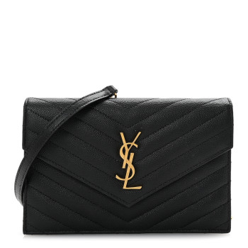 SAINT LAURENT Grain De Poudre Matelasse Chevron Monogram Envelope Chain Wallet Black
