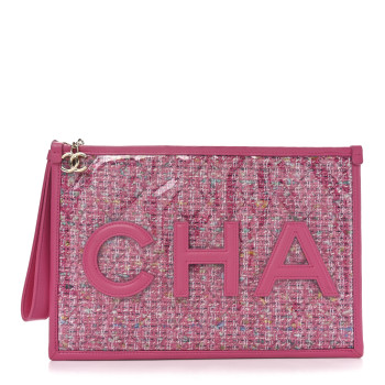 CHANEL Tweed PVC Lambskin Wristlet Pouch Pink