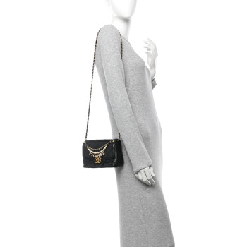 CHANEL Shiny Lambskin Quilted Mini Pearl Logo Flap Black