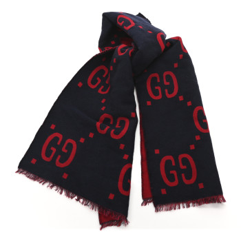 GUCCI Wool Silk Monogram Jumbo GG Freedom Scarf Midnight Blue Red