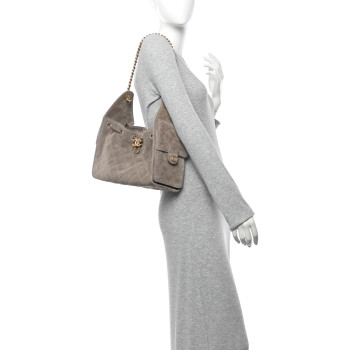 CHANEL Suede Quilted Small Chanel 25 Handbag Grey
