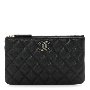 CHANEL Shiny Caviar Quilted Strass CC Cosmetic Case Black