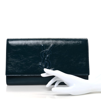 SAINT LAURENT Textured Patent Monogram Large Belle De Jour Clutch Green