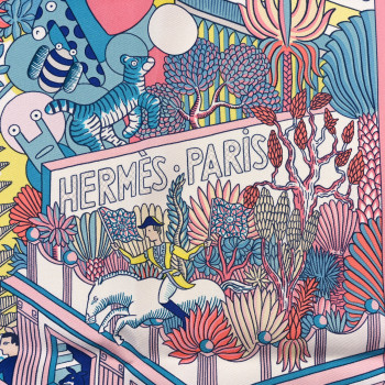 HERMES Silk Animapolis Scarf 140 Bubble Gum Bleu Jaune