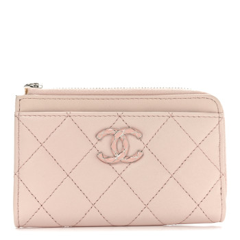 CHANEL Lambskin Enamel Quilted CC Zip Around Card Holder  Pink
