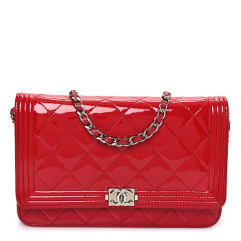 CHANEL Patent Calfskin Quilted Boy Wallet On Chain WOC Red
