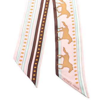 HERMES Silk Sequences Twilly Rose Pale Chocolat Vert D'Eau