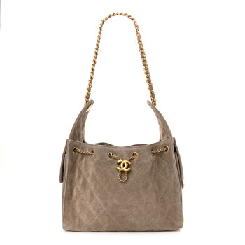 CHANEL Suede Quilted Small Chanel 25 Handbag Grey
