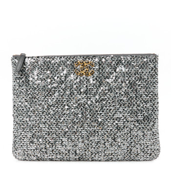 CHANEL Sequins Medium 19 Pouch Silver