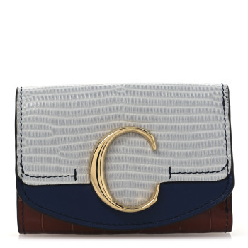 CHLOE Lizard Crocodile Embossed Shiny Calfskin Small C Tri-Fold Wallet Chestnut Brown Blue