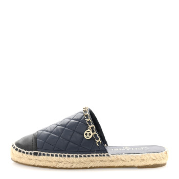 CHANEL Lambskin Quilted CC Chain Espadrille Mules 38 Navy Black