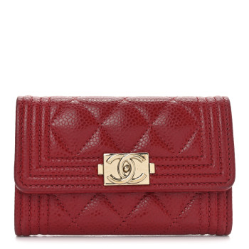 CHANEL Caviar Quilted Boy Flap Card Holder Wallet Red