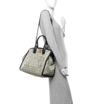 SALVATORE FERRAGAMO Raffia Large Studio Bag Black White