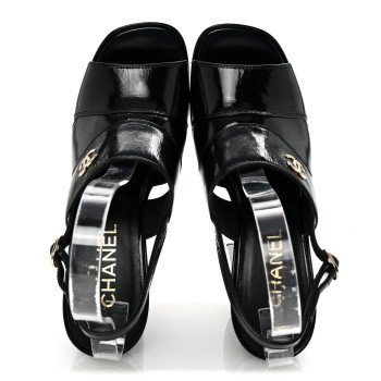 CHANEL Crumpled Patent Lambskin Platform Sandals 37.5 Black