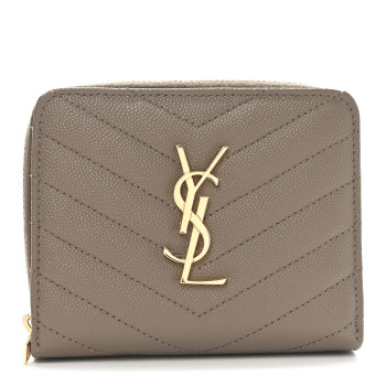 SAINT LAURENT Grain De Poudre Matelasse Chevron Monogram Compact Zip Around Wallet Dark Latte