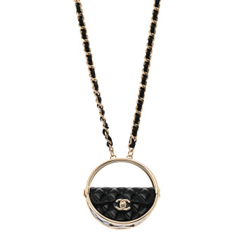 CHANEL Metal Resin Quilted Flap Bag Hoop Mirror Necklace Black Gold