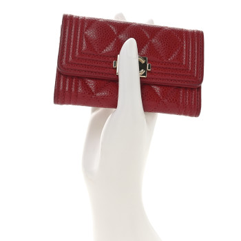 CHANEL Caviar Quilted Boy Flap Card Holder Wallet Red