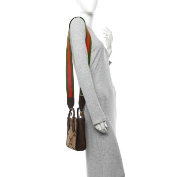 GUCCI Monogram Jumbo GG Textured Dollar Calfskin Web Mini Vertical Tote Camel Ebony New Acero