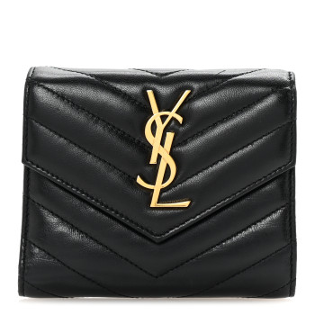 SAINT LAURENT Lambskin Matelasse Chevron Monogram Compact Tri Fold Wallet Black