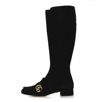 GUCCI Kid Scamosciato GG Marmont Fringe Knee High Boots 39.5 Black