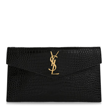 SAINT LAURENT Calfskin Crocodile Embossed Uptown Monogram Clutch Black