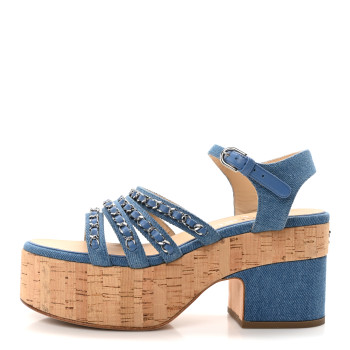 CHANEL Denim Cork Chain Wedge Sandals 39 Blue