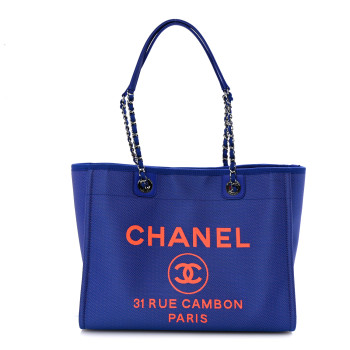 CHANEL Mixed Fibers Small Deauville Tote Blue Orange