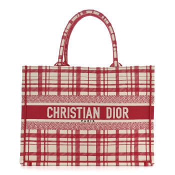 CHRISTIAN DIOR Canvas Embroidered Medium Check'n'Dior Book Tote Red Multicolor