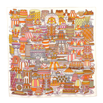 HERMES Silk La Patisserie Francaise Scarf 45 White Orange Jaune