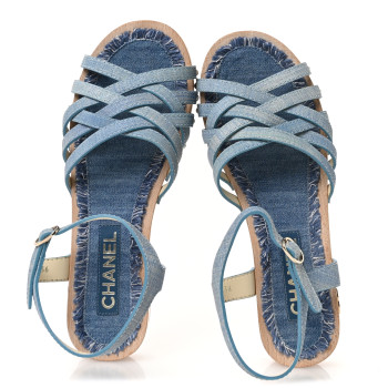 CHANEL Denim Cork Pearl Sandals 39 Blue