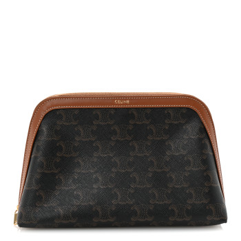 CELINE Triomphe Canvas Calfskin Medium Cosmetic Pouch Tan