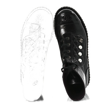 CHANEL Crackled Calfskin Velvet Pearl Combat Short Boots 37 Black
