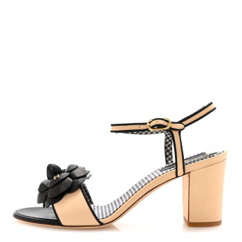 CHANEL Lambskin Camellia Sandals 38 Beige Black