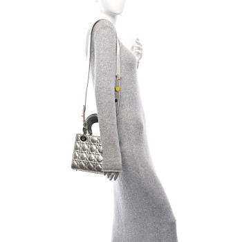 CHRISTIAN DIOR Metallic Grained Calfskin Cannage Small Lucky Badges My Lady Dior Silver