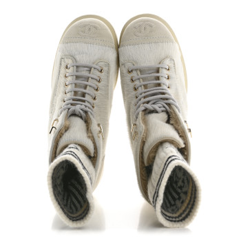 CHANEL Suede Pony Hair Shearling Lace Up Combat Boots 36.5 White