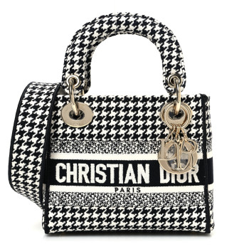 CHRISTIAN DIOR Canvas Houndstooth Embroidered Mini Lady D-Lite Black White