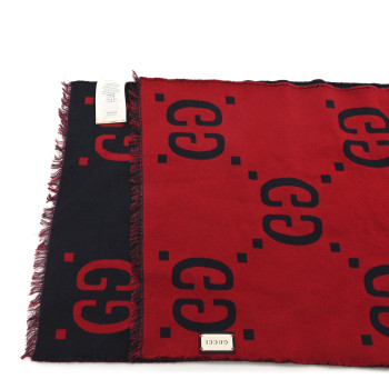 GUCCI Wool Silk Monogram Jumbo GG Freedom Scarf Midnight Blue Red