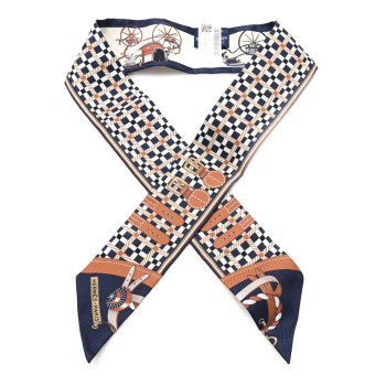 HERMES Silk Les Voitures Nouvelle Twilly Marine Caramel White