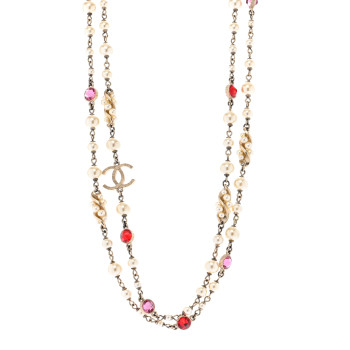 CHANEL Pearl Crystal CC Long Necklace Gold Multicolor
