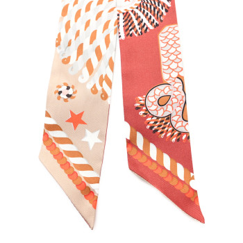 HERMES Silk Epaulettes Twilly Beige Terracotta Orange