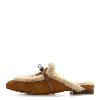 HERMES Suede Goatskin Woolskin Womens Oz Mules 37 Naturel