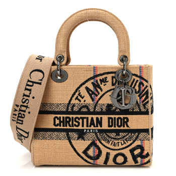 CHRISTIAN DIOR Canvas Jute Embroidered Medium Lady D-Lite Beige Multicolor