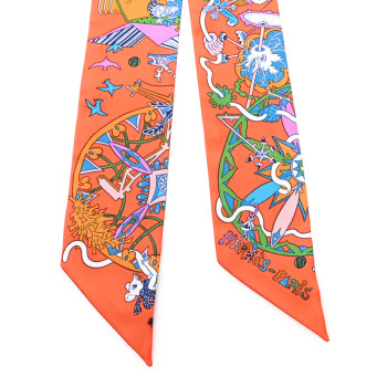 HERMES Silk La Folle Parade Twilly Orange Bleu White
