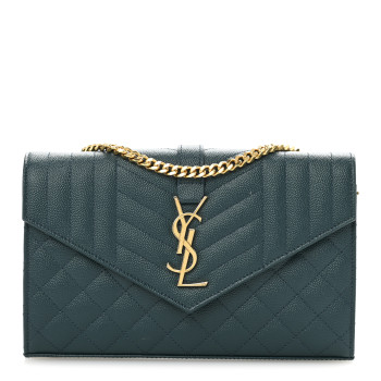 SAINT LAURENT Grain De Poudre Mixed Matelasse Triquilt Monogram Chain Wallet Sea Turquoise