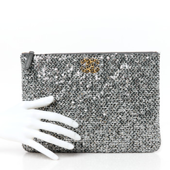 CHANEL Sequins Medium 19 Pouch Silver