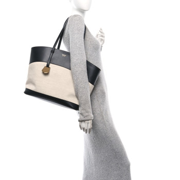 SALVATORE FERRAGAMO Canvas Calfskin XL Charming Tote Natural Black